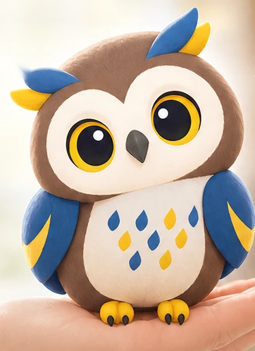 手のひらに乗った、青と黄色の羽を持つミミズクのキャラクター「きくまる君」
